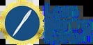 Compass icon with white needle on blue circle next to blue text logo