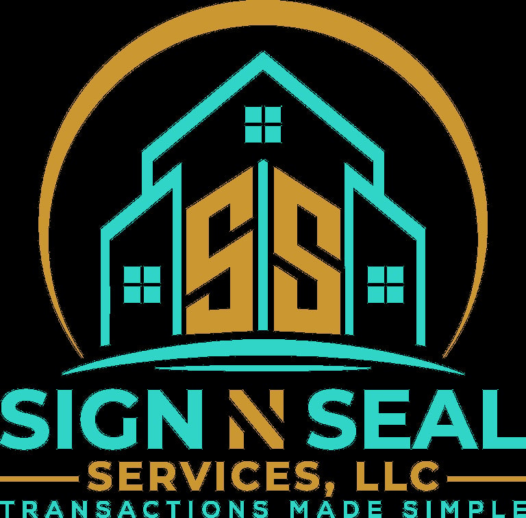 Sign N Seal Services LLC logo featuring a turquoise and gold house icon with windows and door, surrounded by a gold arch circle