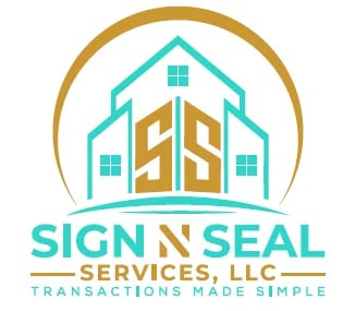 Sign and Seal Services LLC logo with turquoise house icon and gold doors, tagline transactions made simple